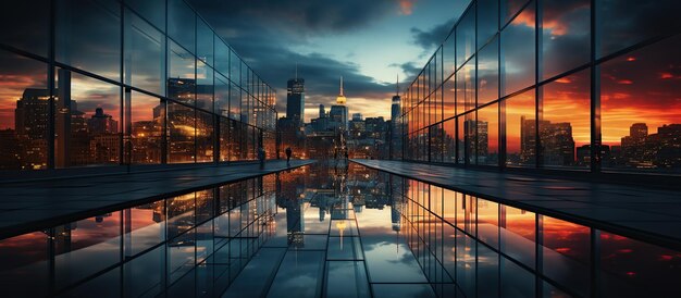 Doble exposición del paisaje urbano con rascacielos modernos y ventanas de vidrio