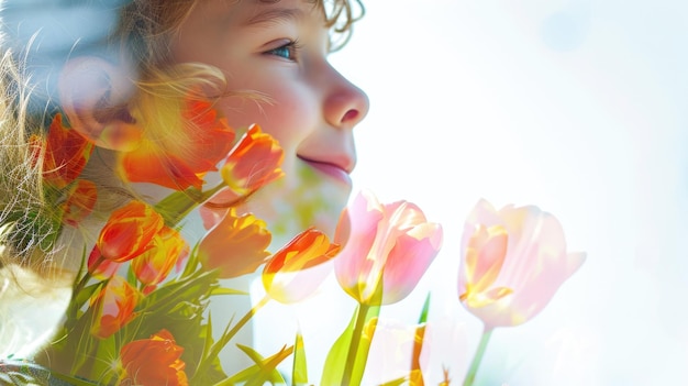 Doble exposición en primer plano entre un niño caucásico y una naturaleza pacífica.