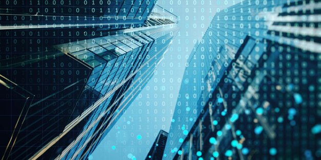 Una doble exposición de rascacielos y código binario que representa el concepto de tecnología digital sobre un fondo azul