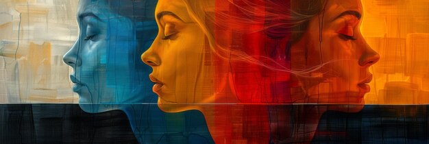Doble exposición de rostro humano y perfil de mujer con fondo abstracto colorido