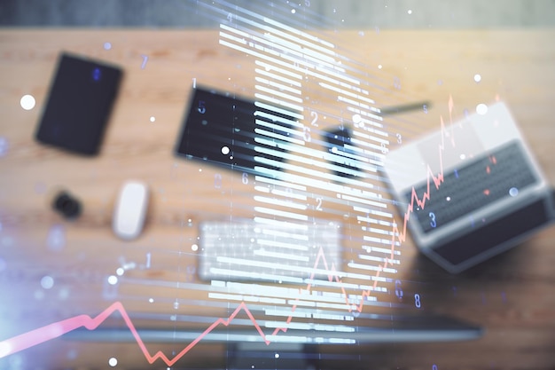 Doble exposición del símbolo creativo de Bitcoin con una computadora portátil moderna en el concepto de criptomoneda de fondo
