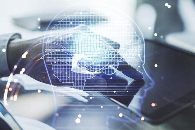 Doble exposición del símbolo creativo de inteligencia artificial con clics de dedo en una tableta digital en redes neuronales de fondo y concepto de aprendizaje automático
