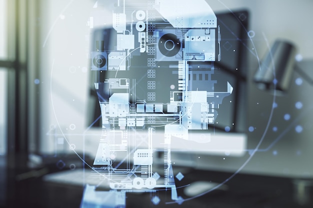 Doble exposición del símbolo creativo de inteligencia artificial con una computadora portátil moderna en el fondo Redes neuronales y concepto de aprendizaje automático