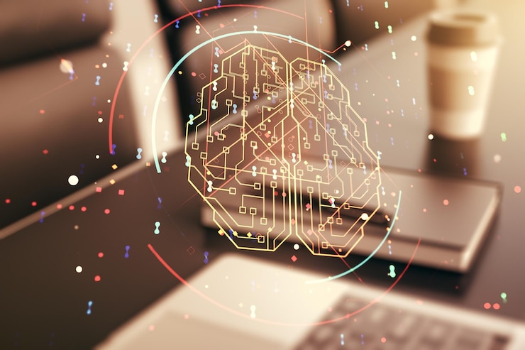 Foto doble exposición del símbolo creativo de inteligencia artificial con una computadora portátil moderna en el fondo redes neuronales y concepto de aprendizaje automático