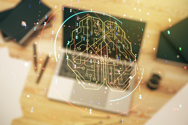 Foto doble exposición del símbolo creativo de inteligencia artificial con una computadora portátil moderna en el fondo redes neuronales y concepto de aprendizaje automático