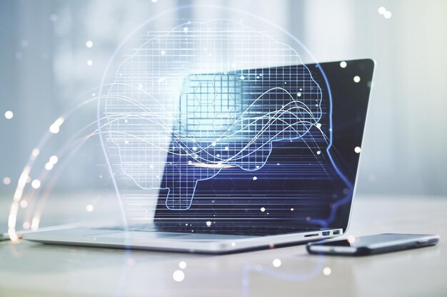 Doble exposición del símbolo creativo de inteligencia artificial con una computadora portátil moderna en el fondo Redes neuronales y concepto de aprendizaje automático