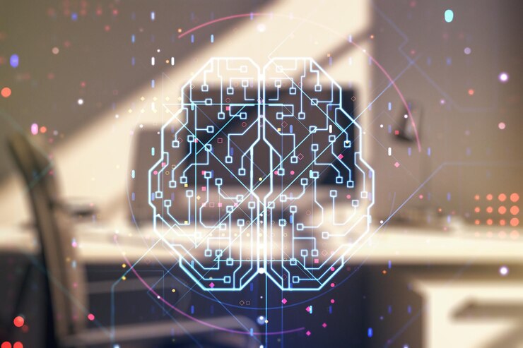 Foto doble exposición del símbolo creativo de inteligencia artificial y escritorio moderno con computadora portátil en segundo plano redes neuronales y concepto de aprendizaje automático