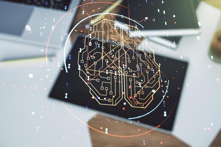 Foto doble exposición del símbolo creativo de inteligencia artificial y tableta digital en la vista superior de fondo redes neuronales y concepto de aprendizaje automático
