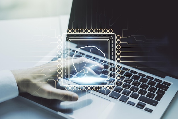 Doble exposición del símbolo de inteligencia artificial creativa con manos escribiendo en la computadora portátil en el fondo Redes neuronales y concepto de aprendizaje automático