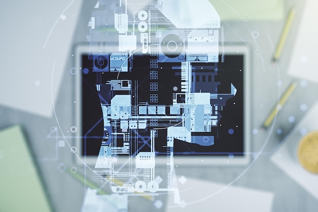 Doble exposición del símbolo de inteligencia artificial creativa y la tableta digital en el fondo vista superior Redes neuronales y concepto de aprendizaje automático