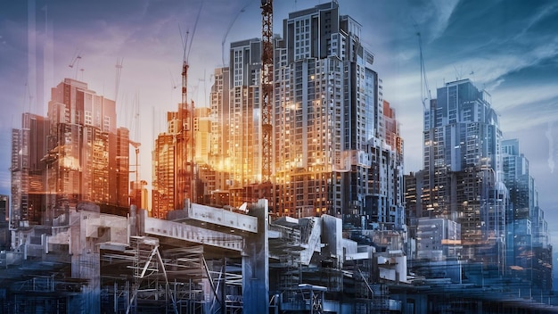 Doble exposición del sitio de construcción inmobiliaria abstracta y edificios del paisaje urbano