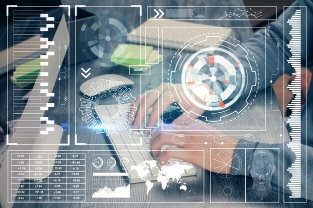 Doble exposición de la tecnología holograma con el hombre trabajando en el fondo de la computadora Concepto de big data