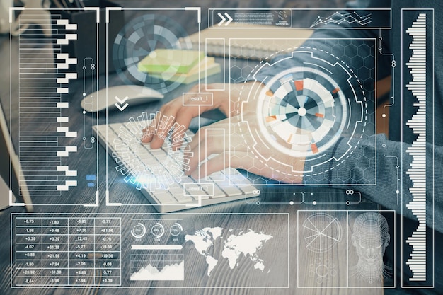 Doble exposición de la tecnología holograma con el hombre trabajando en el fondo de la computadora Concepto de big data