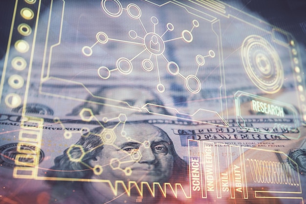Doble exposición del tema de datos sobre el fondo del billete de dólares estadounidenses Concepto de tecnología