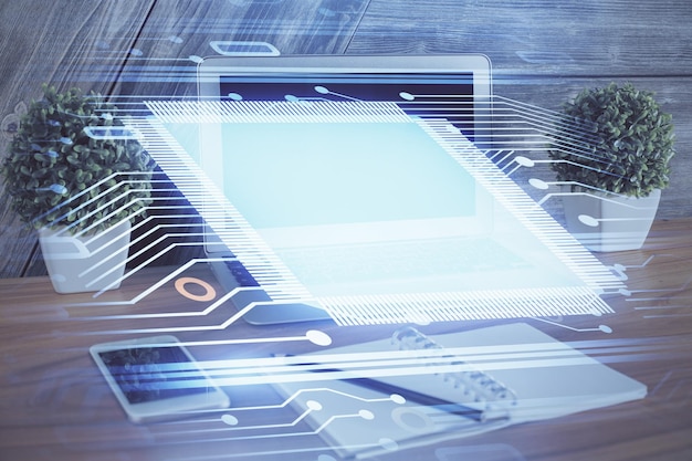 Doble exposición del tema de la informática y la tecnología