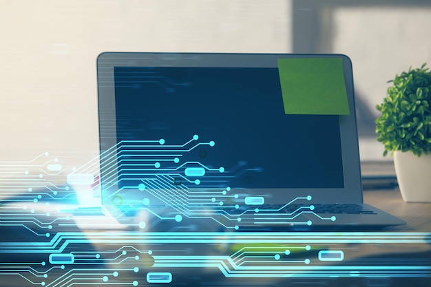 Doble exposición del tema informático y tecnológico hud Concepto de innovación