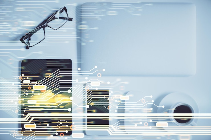 Foto doble exposición del tema tecnológico dibujando sobre la mesa de trabajo vista superior concepto de análisis de datos globales