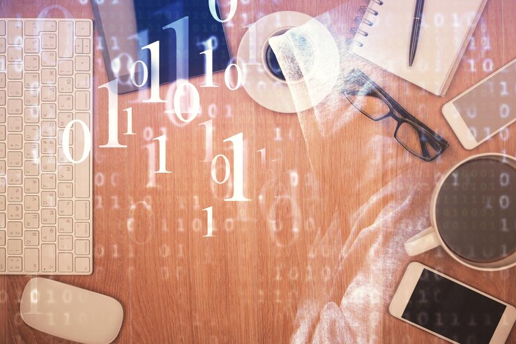 Foto doble exposición del tema tecnológico dibujando sobre la mesa de trabajo vista superior concepto de análisis de datos globales