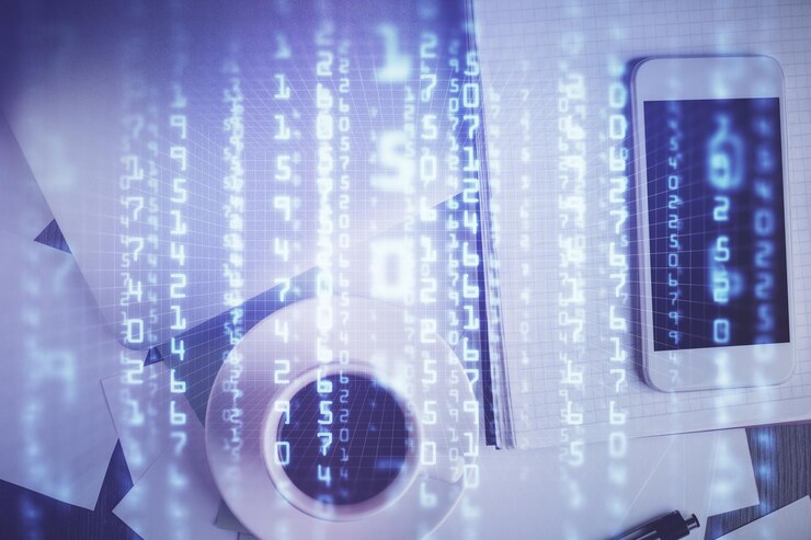 Foto doble exposición del tema tecnológico dibujando sobre la mesa de trabajo vista superior concepto de análisis de datos globales
