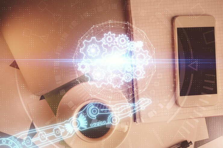 Foto doble exposición del tema tecnológico dibujando sobre la mesa de trabajo vista superior concepto de análisis de datos globales
