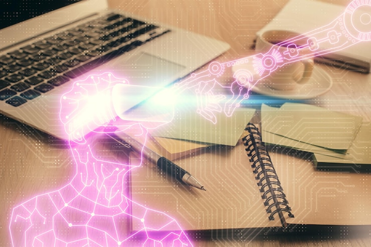 Foto doble exposición de vidrios vr dibujo y escritorio con café y artículos en el fondo de la mesa concepto de realidad aumentada