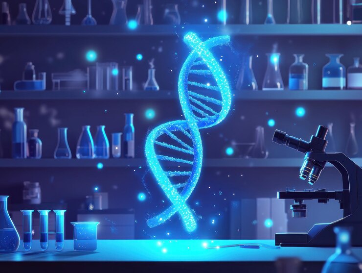 La doble hélice de ADN y el microscopio en un laboratorio