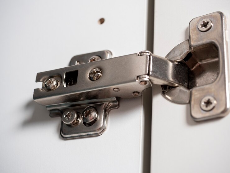 Dobradiças de móveis para close-up de porta de móveis de madeira branca.