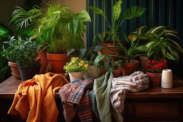 Dobrando roupas em uma mesa de madeira com plantas