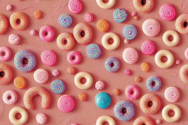 Doce, Donuts em fileiras de cores e sabores saborosos. fundo criativo de doces e balas, sobremesas coloridas e deliciosas