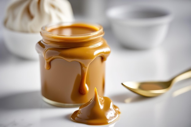 Doce e cremoso Dulce de Leche em frasco de vidro sobre uma mesa branca