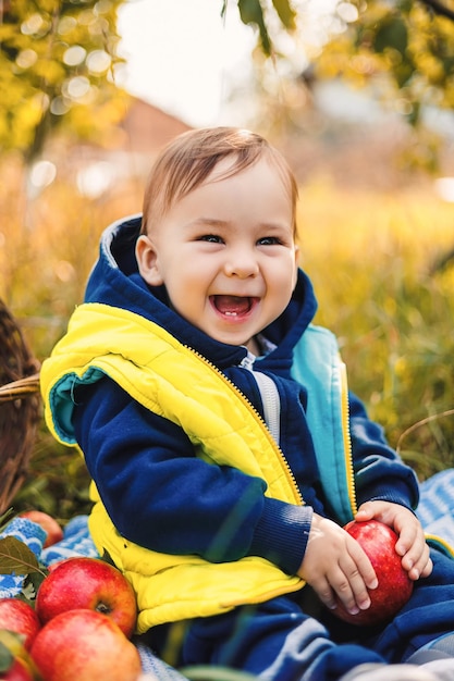 Doce menino ao ar livre com maçãs Criança bonita ao ar livre no jardim