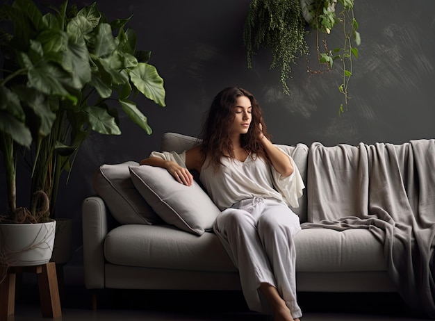 Foto doce ociosidade preguiçosa jovem senhora hispânica sentar-se em postura relaxada no grande sofá confortável na sala de estar