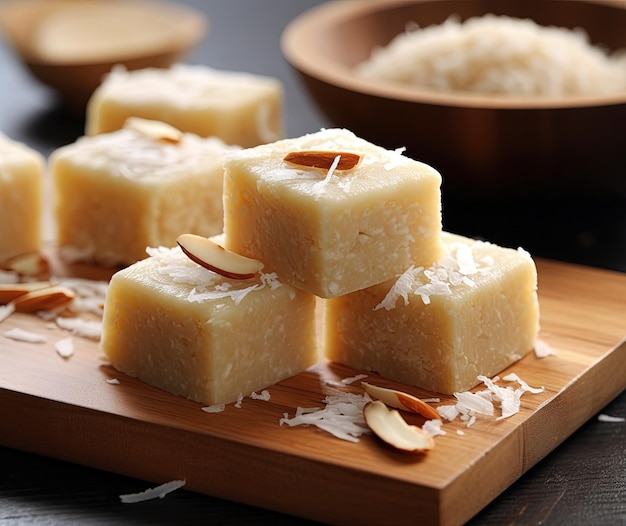 Foto doce popular indiano burfi de coco feito de leite de coco e açúcar