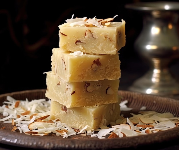 Doce popular indiano Burfi de coco feito de leite de coco e açúcar