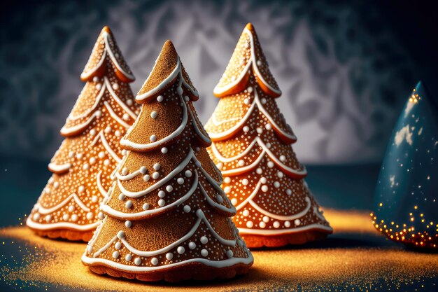 Doce sobremesa de Natal em forma de biscoitos de gengibre em forma de árvores de Natal