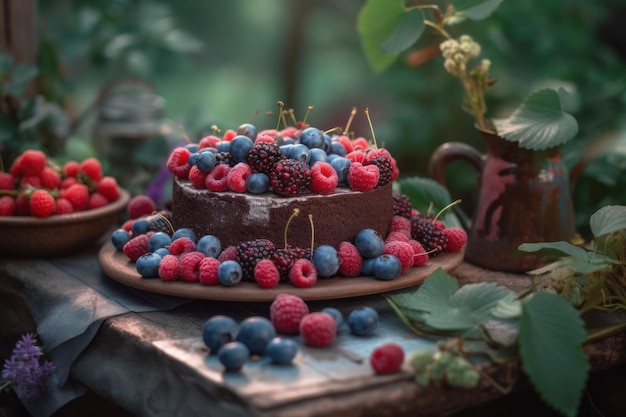 Doce sobremesa de verão com framboesas e mirtilos no jardim