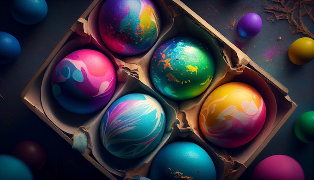 Una docena de coloridos huevos de pascua están sobre una mesa oscura.