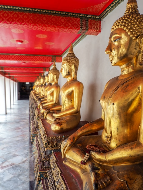 Docenas de Budas dorados en un templo de Bangkok