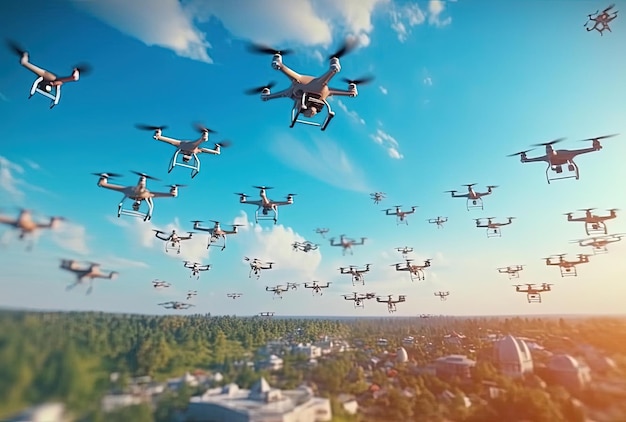 Docenas de drones pululan en el cielo azul Quadcopters drones con cámara digital en el aire sobre la ciudad