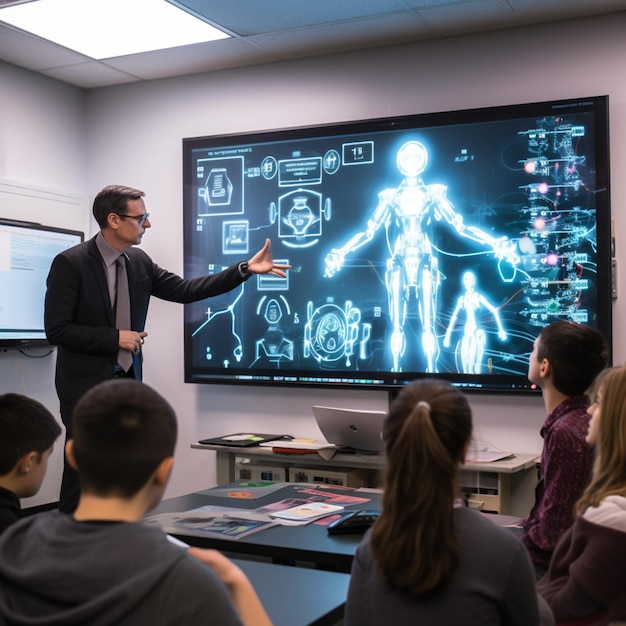 Docente enseñando con tablero de tecnología led.