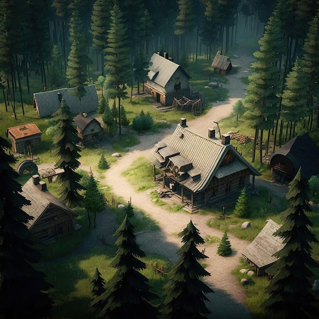 Doces casas de aldeia na floresta swanLakeside Generative Ai
