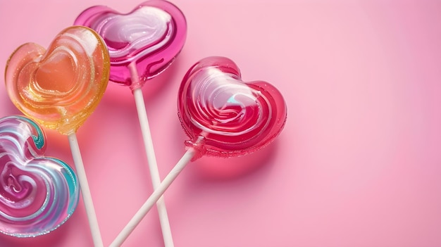 Foto doces coloridos, pirulitos em forma de coração em fundo rosa.