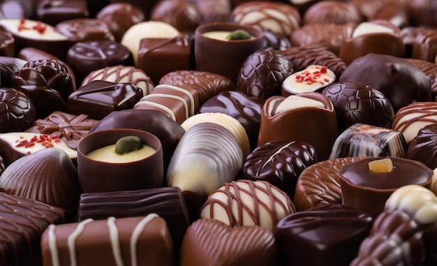 Doces de chocolate com vários recheios fundo de comida doce