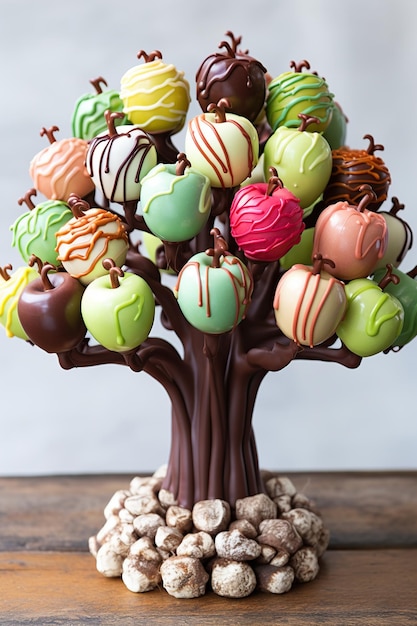 Doces de chocolate em forma de árvore sobre uma mesa de madeira