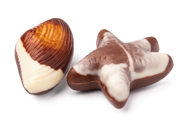 Doces de chocolate em forma de conchas isoladas no fundo branco