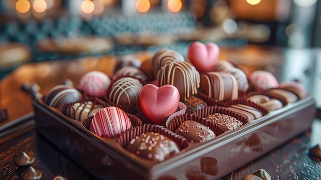 Doces de chocolate numa caixa numa mesa de madeira Dia dos Namorados