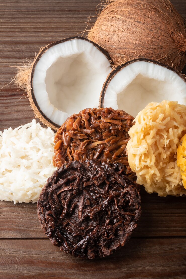 Doces de coco Cocada em fundo de madeira rústico.