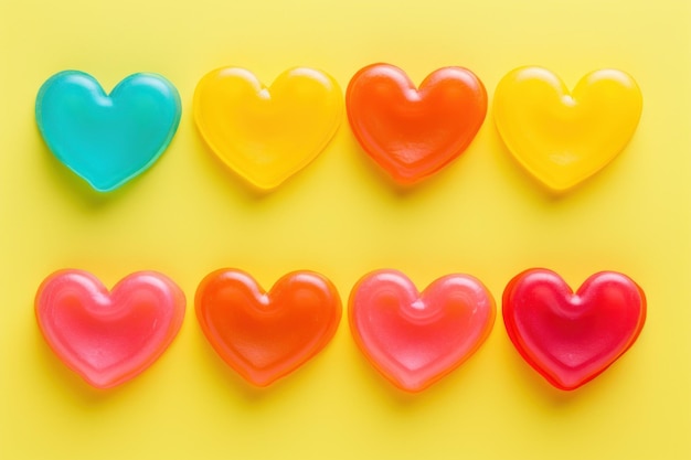 Doces de gelatina coloridos em formato de coração em fundo amarelo gerados por IA