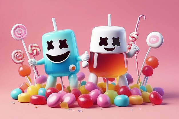 Foto doces de geleia, doces, pirulitos e marshmallows conceito de festa de sobremesa 2d ilustração