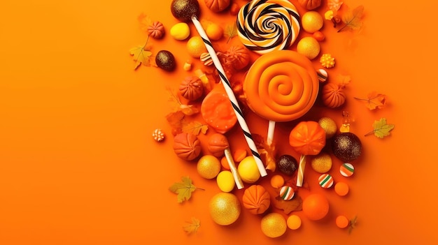 Doces de Halloween com decorações de papel em fundo laranja IA gerativa